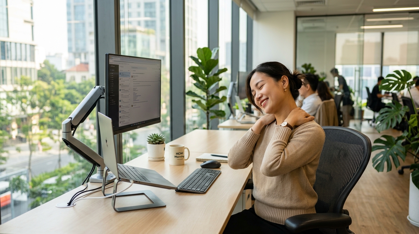 Tư thế làm việc và giải tỏa đau mỏi cổ vai gáy dân văn phòng