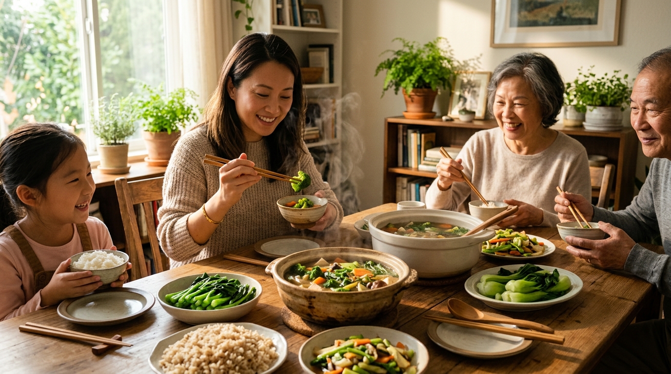 Bữa ăn gia đình lành mạnh ấm cúng và chăm sóc dạ dày